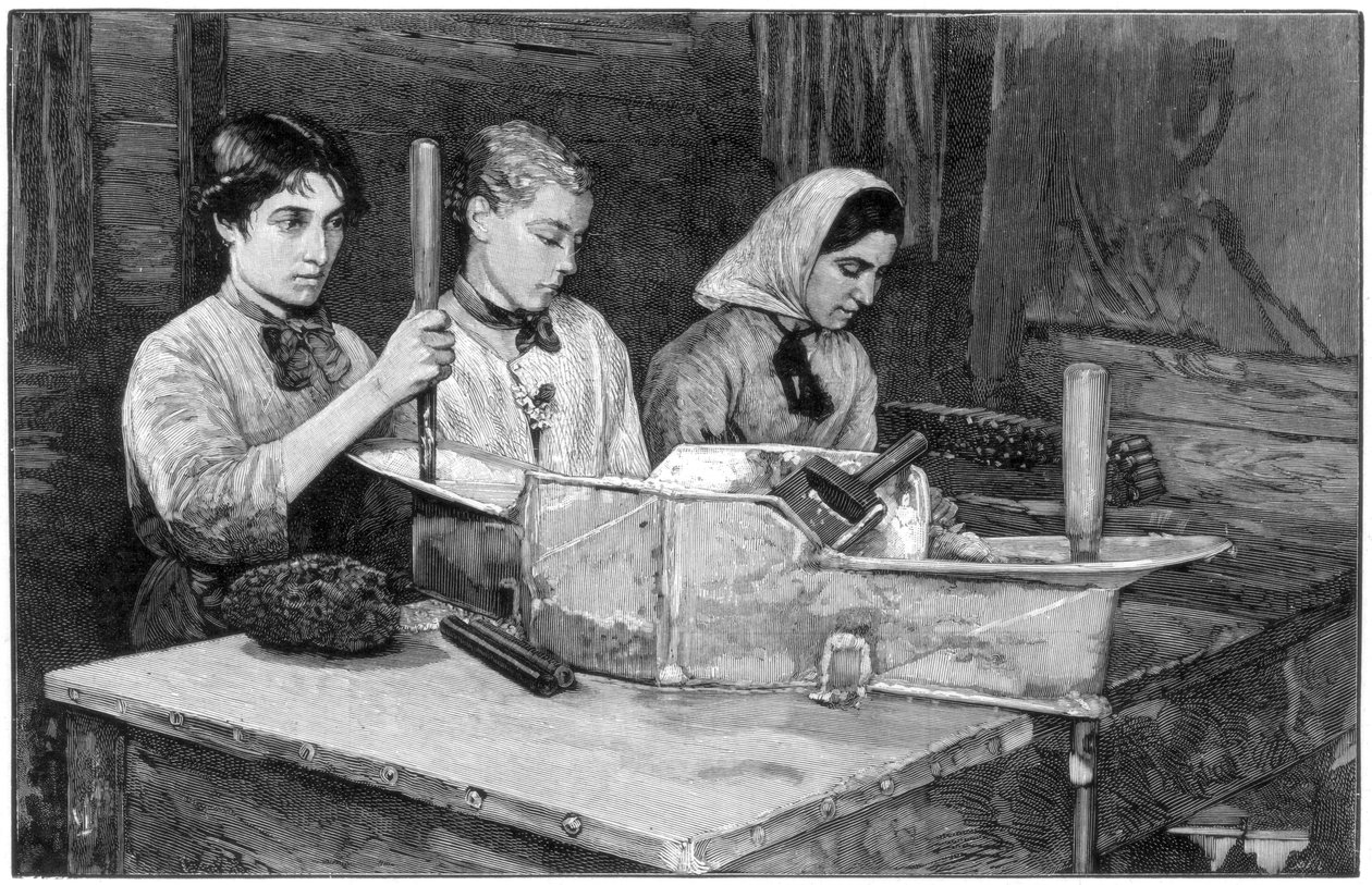 Fyllning av patroner med dynamitpulver vid Isleten, nära Fluelen, Schweiz, 1893 av Unbekannt