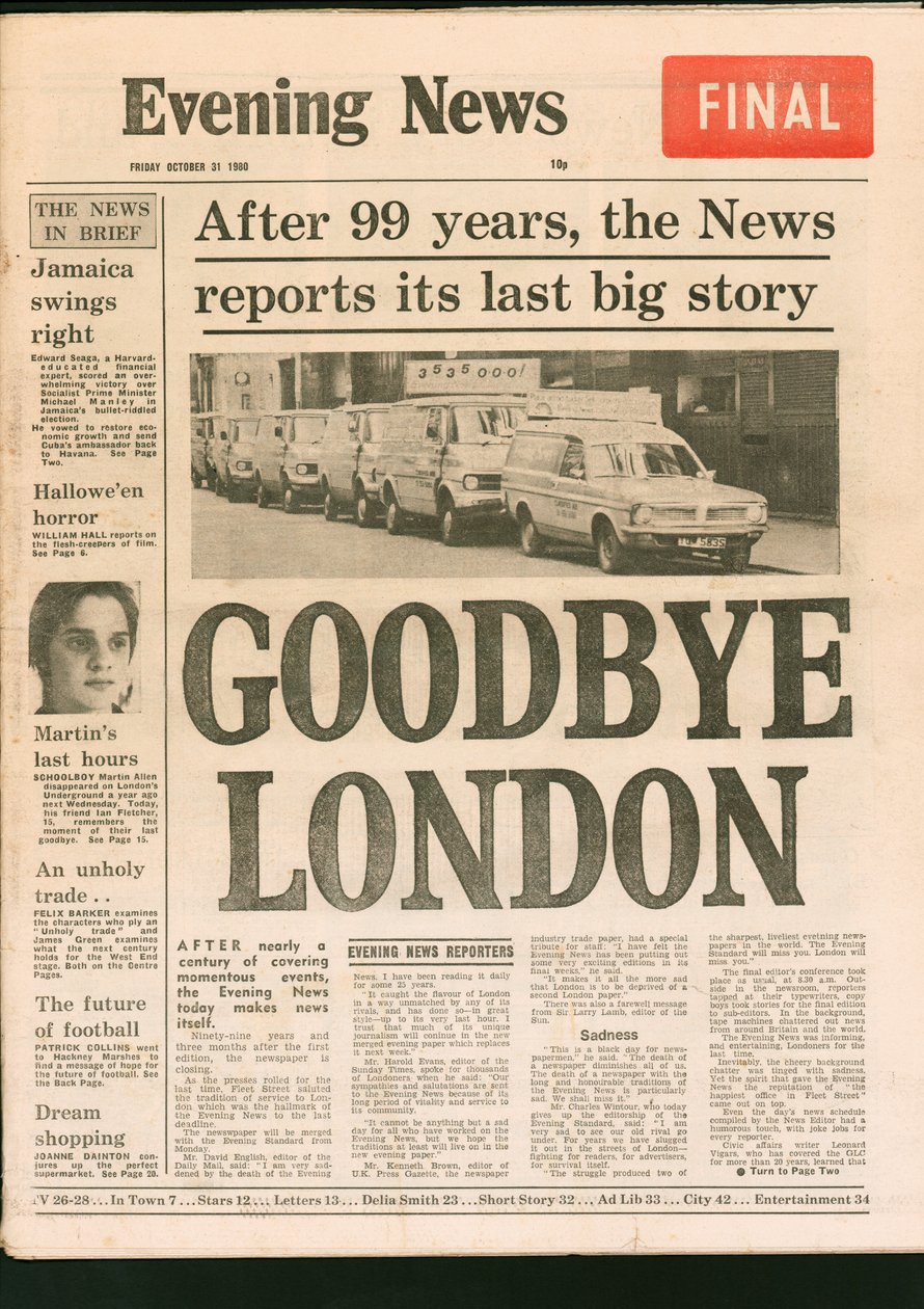 Sista upplagan av tidningen Evening News, 1980 av Unbekannt