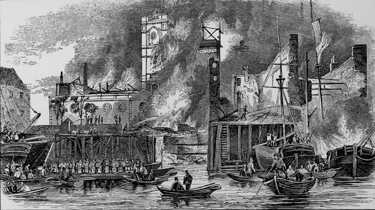 Brand vid Toppings Wharf, London Bridge, 1843, c1843, 1912. av Unbekannt