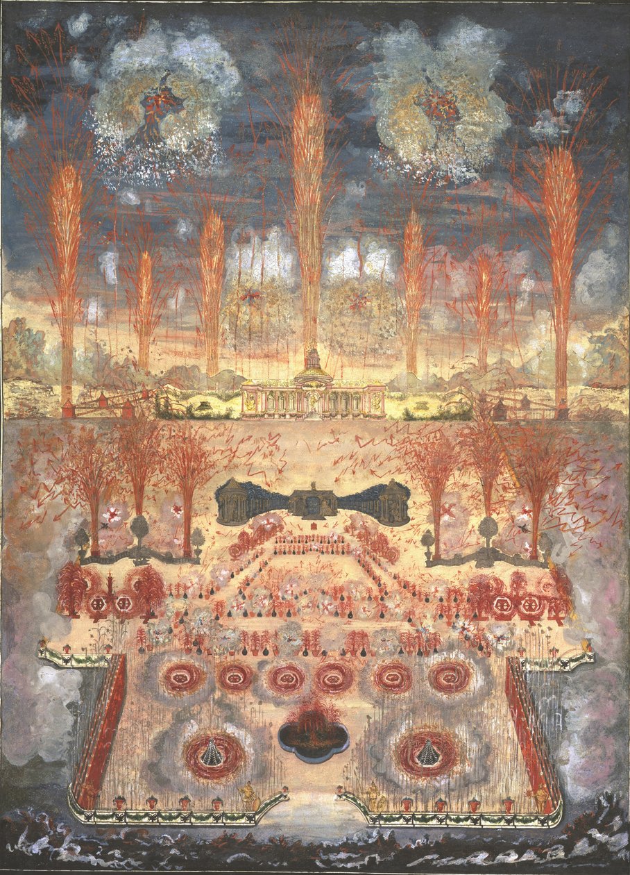 Fyrverkerier och belysning den 16 juni 1744 i Moskva, mitten av 1700-talet. av Unbekannt