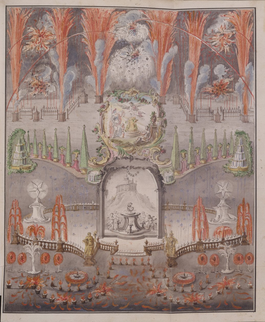 Fyrverkerier och belysning den 17 september 1747 i Gostilitsy, mitten av 1700-talet. av Unbekannt
