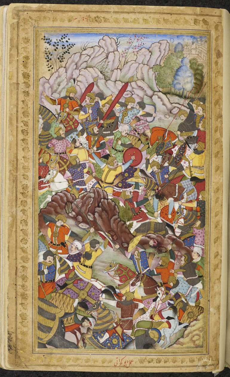 Första slaget vid Panipat, 1526. Miniatyr från Baburnama, ca 1592. av Unbekannt