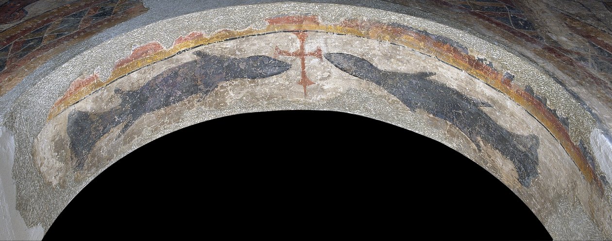 Fiskar som flankerar ett kors från Santa Maria de Taüll av Unbekannt