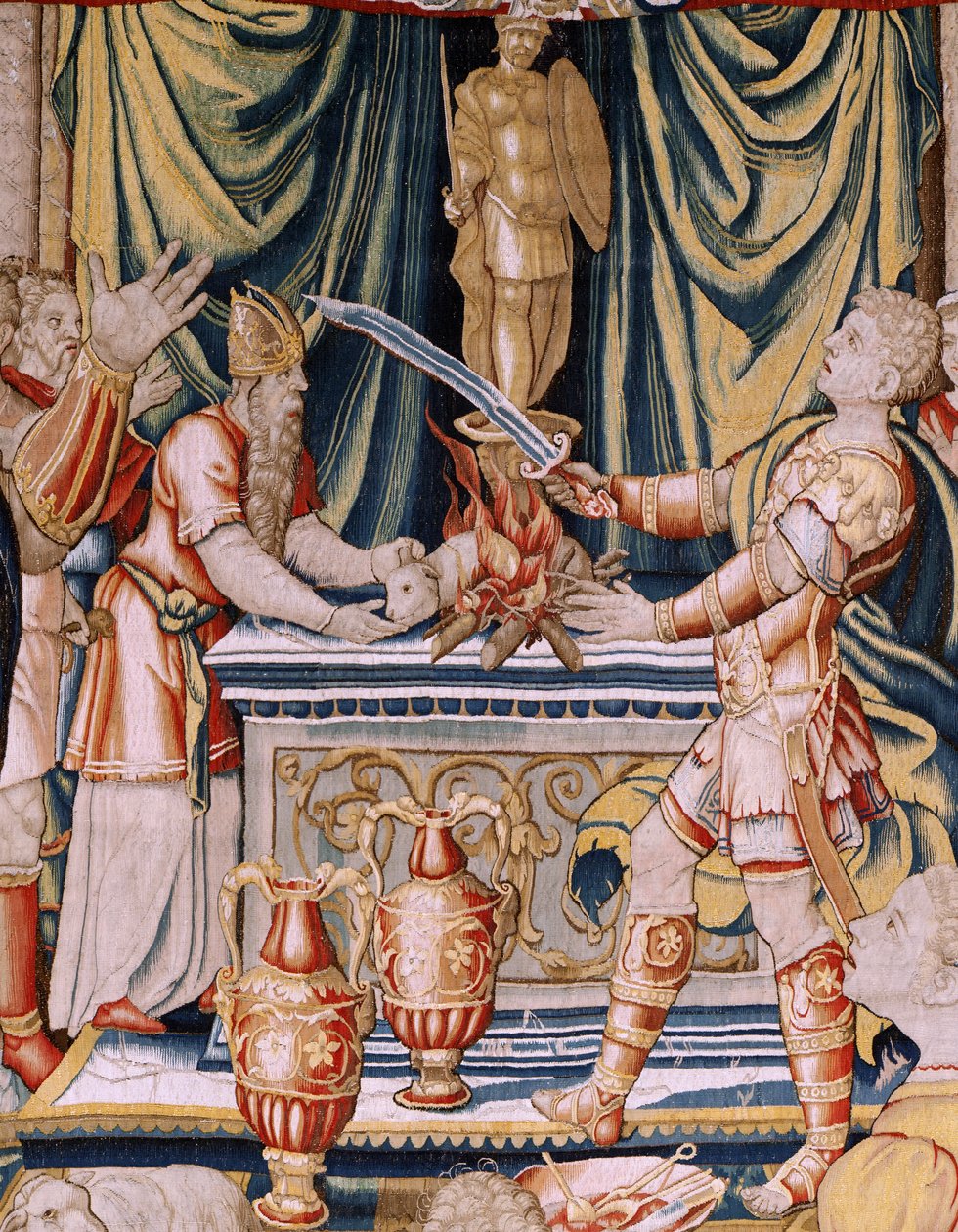 flamländsk gobeläng. Serien Hannibals historia. Hannibals ed (Juramento de Aníbal). Första gobelängen i serien. Tecknad film anonym mästare i Nederländerna. Tillverka Bryssels verkstäder. Ca 1570. Tyg Ull och siden, 6,5/7 varp per cm. Storlek 34 av Unbekannt
