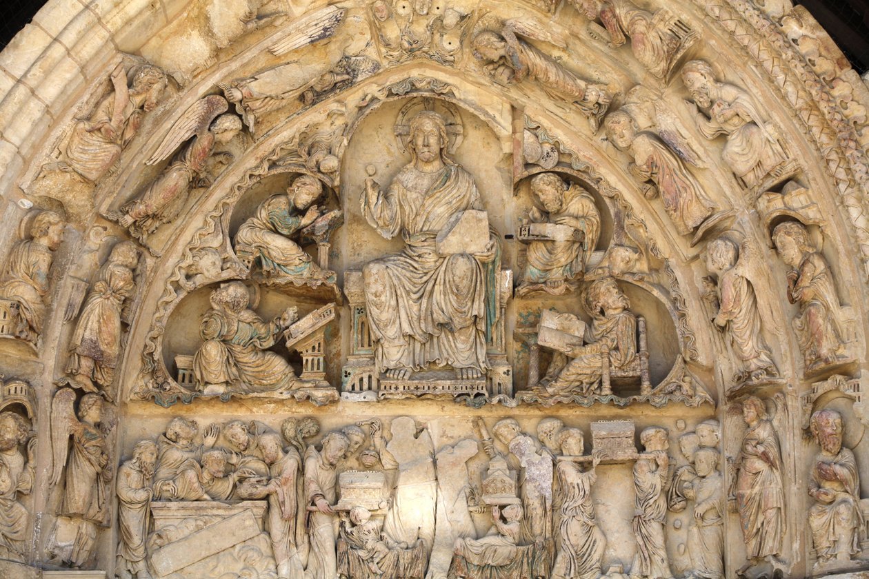 Fleury klosterbasilika norra porten tympanon: Kristus i härlighet omgiven av evangelister Saint Benoit sur Loire Frankrike av Unbekannt