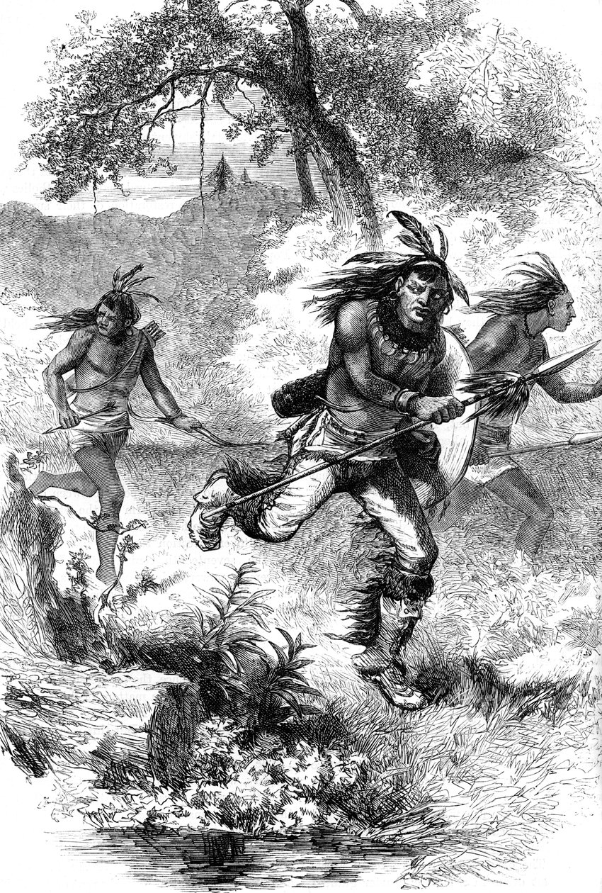 Flyg av indianer efter en massaker på bosättare, c1600-talet c1880 av Unbekannt