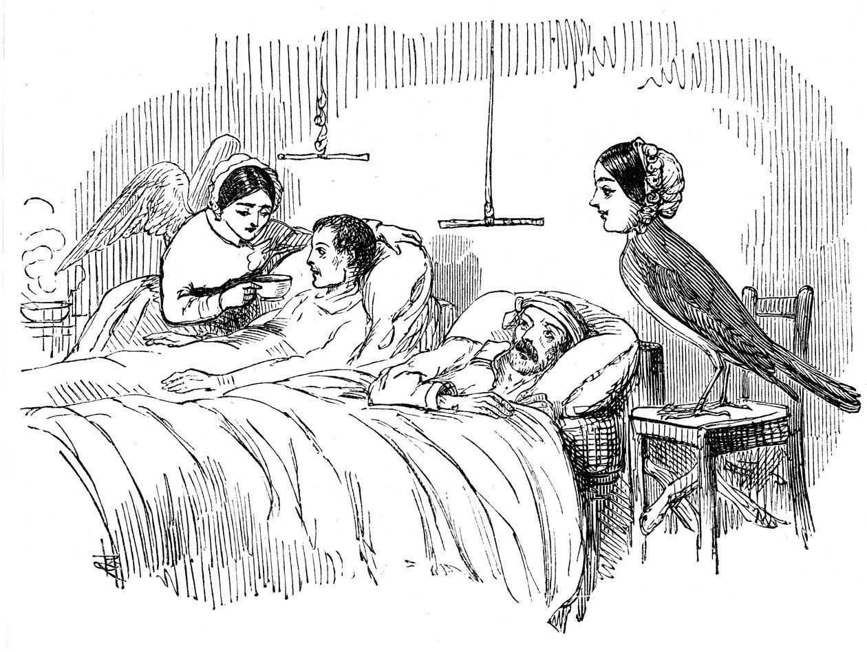 Florence Nightingale tittar på en sjuksköterska på jobbet, 1854 av Unbekannt