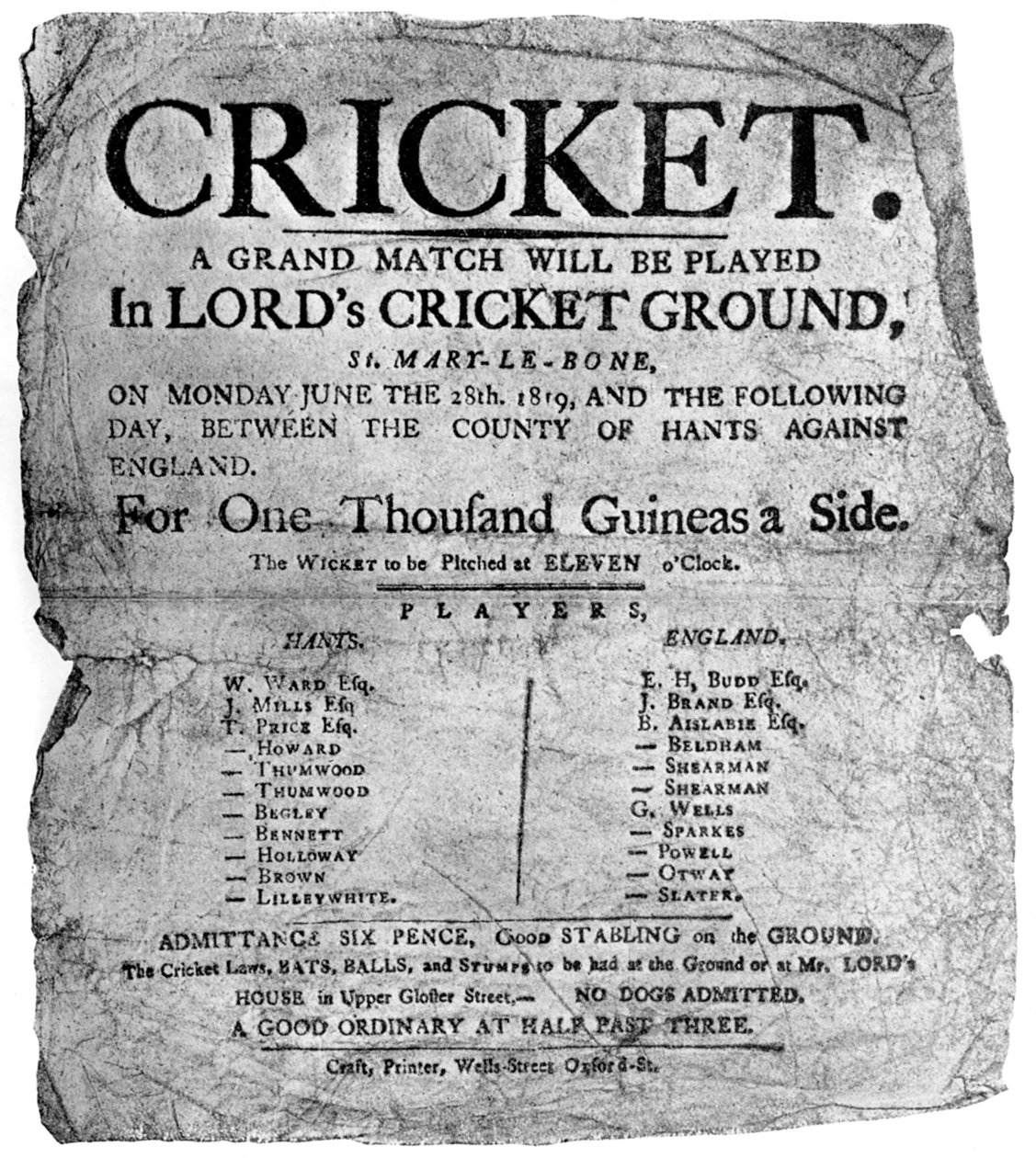 Flyer som annonserar en cricketmatch mellan Hampshire och England, 1819 1912 av Unbekannt