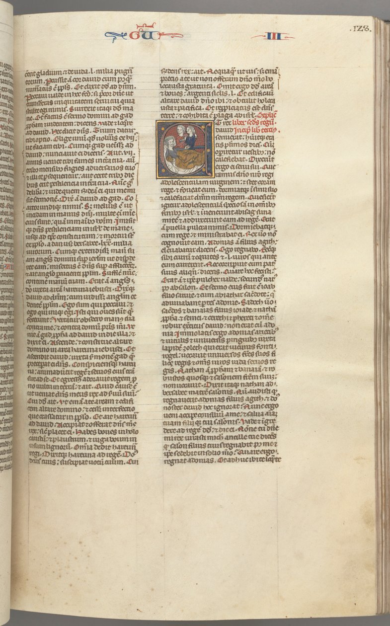 Fol. 123r, Kings III, historisk initial E, en assistent som förde Abishag till David..., ca. 1275-1300 av Unbekannt