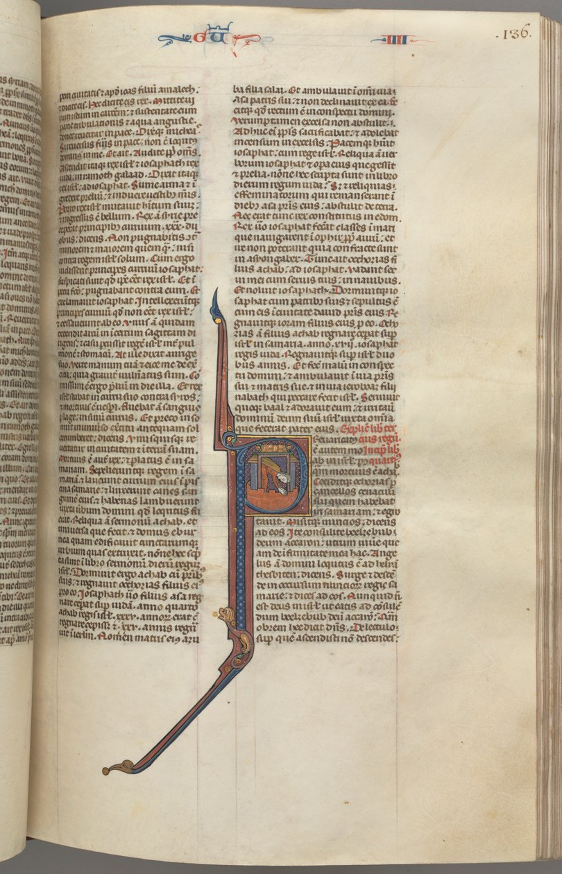 Fol. 136r, Kings IV, historisk initial P, Ahasja faller från ett torn, ca. 1275-1300. av Unbekannt
