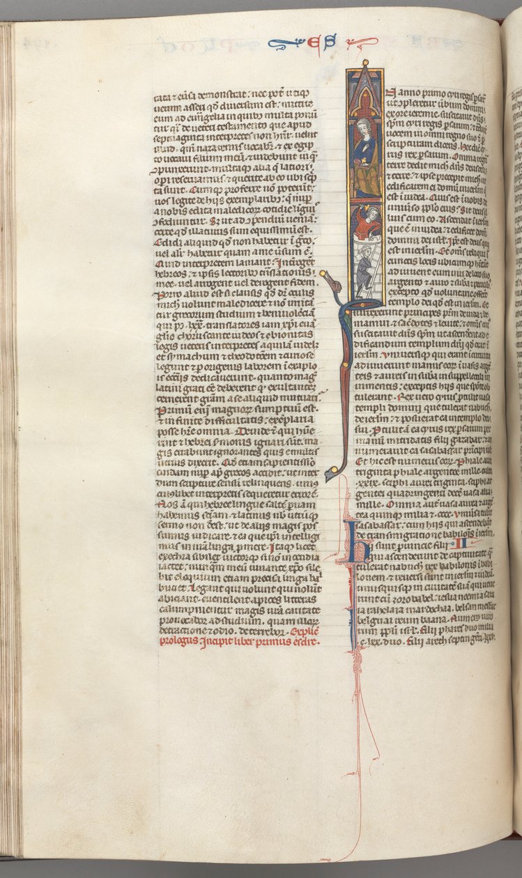 Fol. 174v, Ezra, historisk initial I, Cyrus leder templets byggande, ca. 1275-1300. av Unbekannt