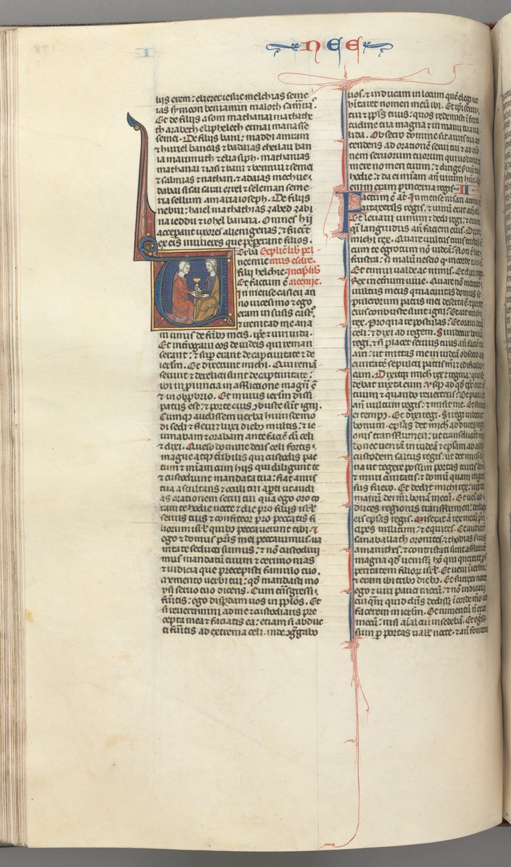 Fol. 178v, Nehemia, historisk initial V, Nehemja presenterar den gyllene bägaren till Artaxerxes, ca. 127 av Unbekannt