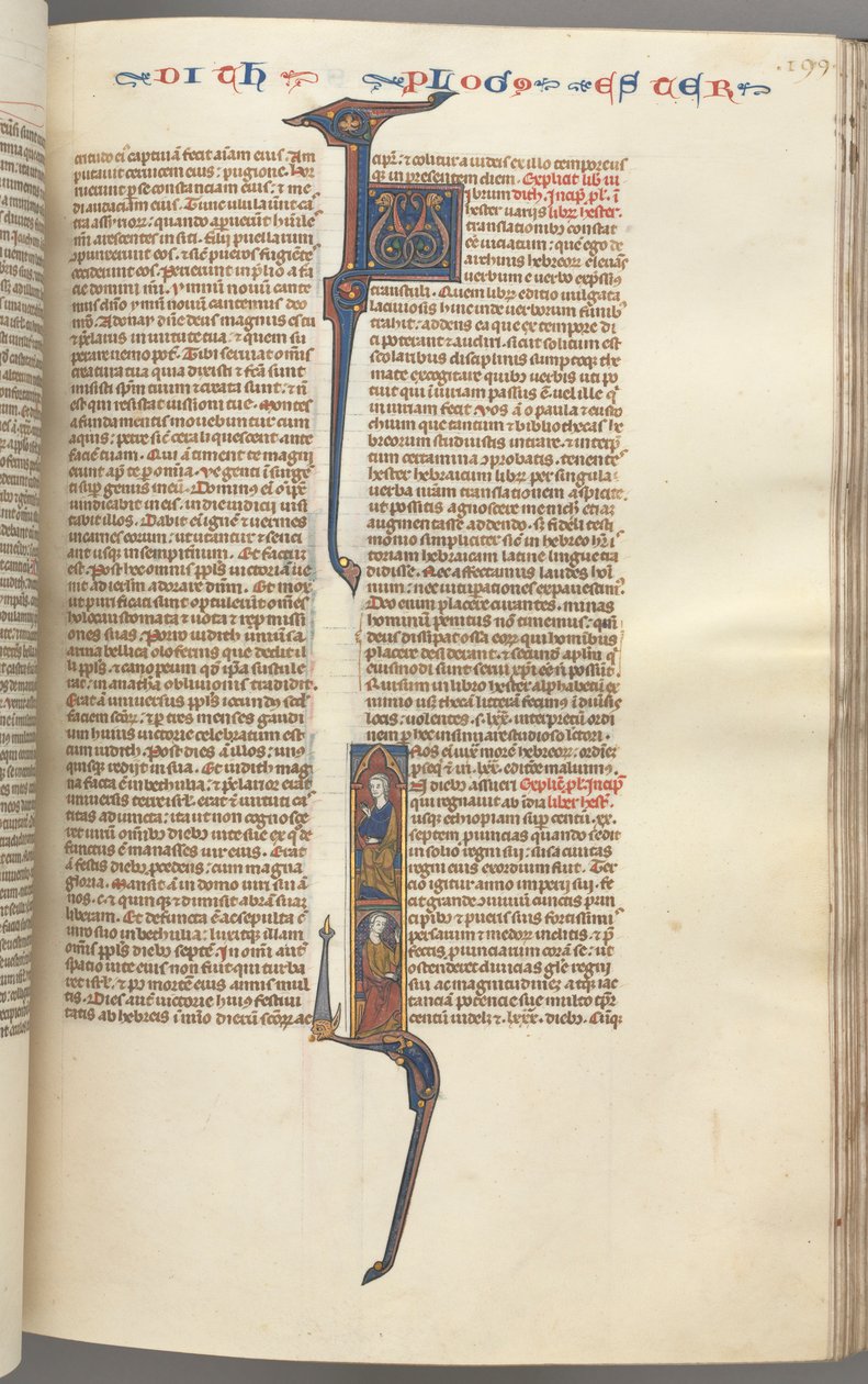 Fol. 199r, Esther, historisk initial, två sittande mansfigurer, ca. 1275-1300. av Unbekannt