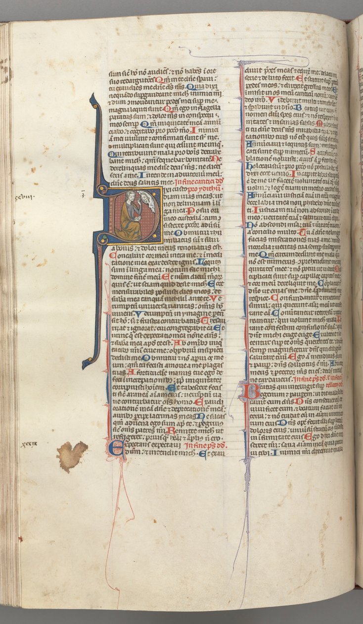 Fol. 220v, Psalm 38, historisk initial D, David knäböjer, gester mot Guds byst ovanför, ca. 1 av Unbekannt