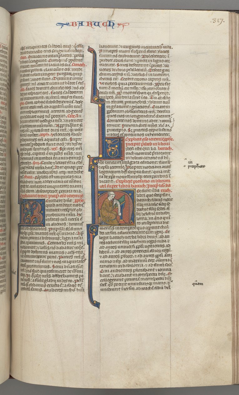 Fol. 317r, Baruch, historisk initial H, Baruch sittande vid ett skrivbord och skriver på en rulle, ca. 1275-1300. av Unbekannt