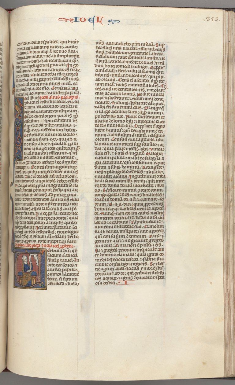 Fol. 353r, Joel, historisk initial V, Joel sittande med en rulla, byst av Gud ovanför, ca. 1275-1300. av Unbekannt