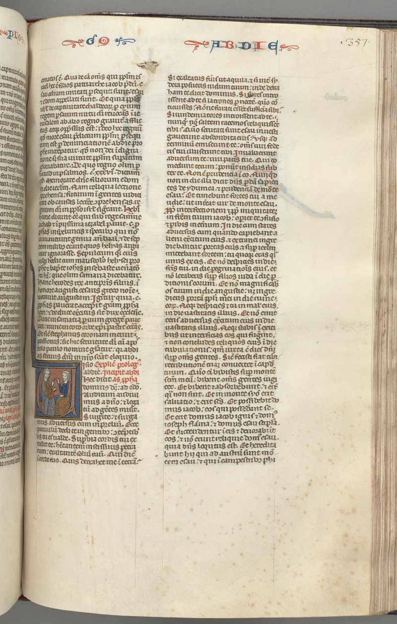 Fol. 357r, Obadiah, historiker initial V, Obadiah och en jude i diskussion, ca. 1275-1300. av Unbekannt