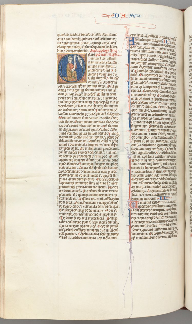 Fol. 360v, Nahum, historisk initial O, Nahum på knä med en skriftrulle, gudsbyst ovanför, ca. 1275-13 av Unbekannt