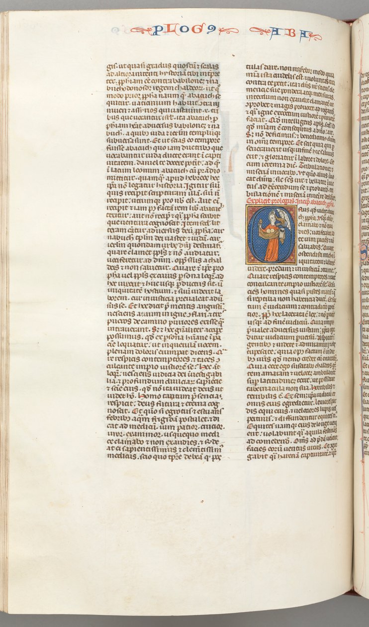 Fol. 361v, Habbakuk, historisk initial O, Habbakuk håller en korg och två stenar..., ca. 1275-130 av Unbekannt