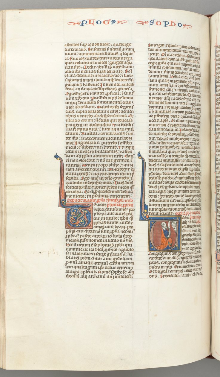 Fol. 362v, Sefanja, historisk initial V, Sefanja knäböjer med en bokrulle, byst av Gud..., ca. 12 av Unbekannt