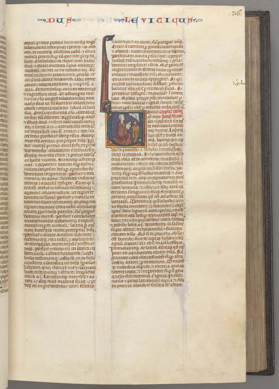 Fol. 36r, Tredje Mosebok, historisk initial V, Moses offrar ett offerlam på ett altare, ca. 1275-1 av Unbekannt