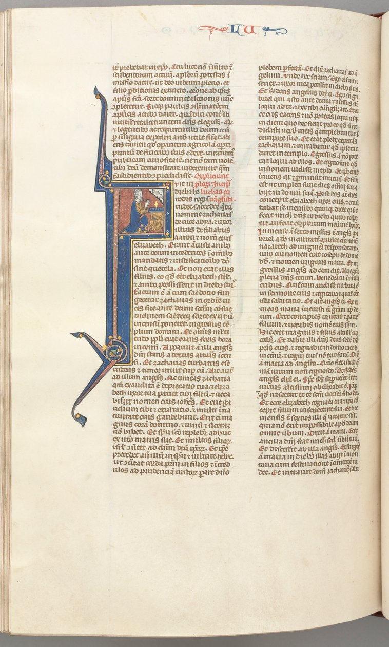 Fol. 412v, Luke, historisk initial F, Luke ber vid ett altare, byst av Gud ovanför, ca. 1275-1300. av Unbekannt