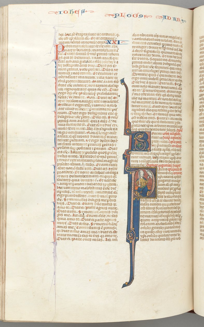 Fol. 435v, Romarbrevet, historisk initial P, Paulus sittande med ett svärd och pratade med Guds byst..., ca. av Unbekannt