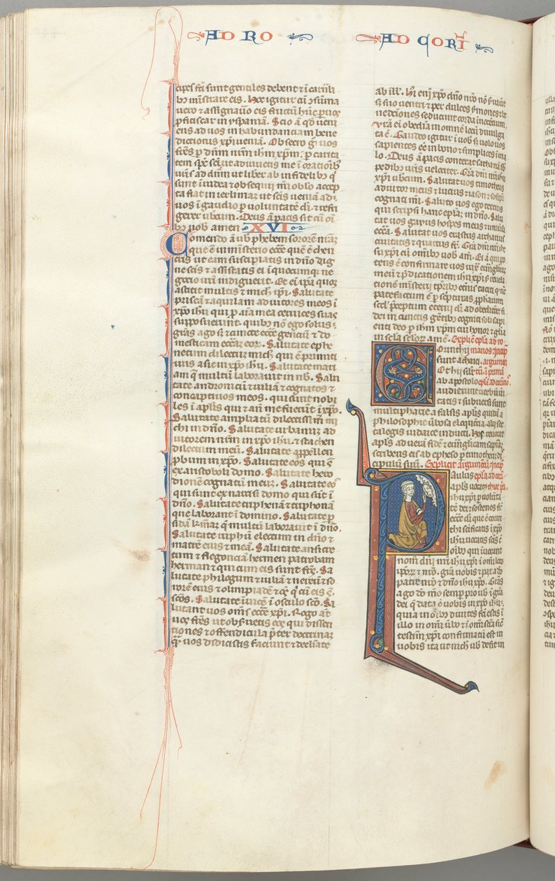 Fol. 440v, Korinthierbrevet I, historisk initial P, Paulus knäböjer och pratar med Guds byst ovan, ca. av Unbekannt