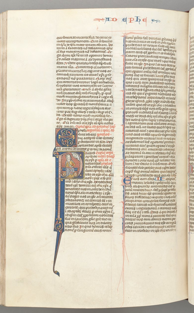 Fol. 450v, Efesierbrevet, historisk initial P, Paulus sittande med ett svärd, Guds byst ovan, ca. 127 av Unbekannt