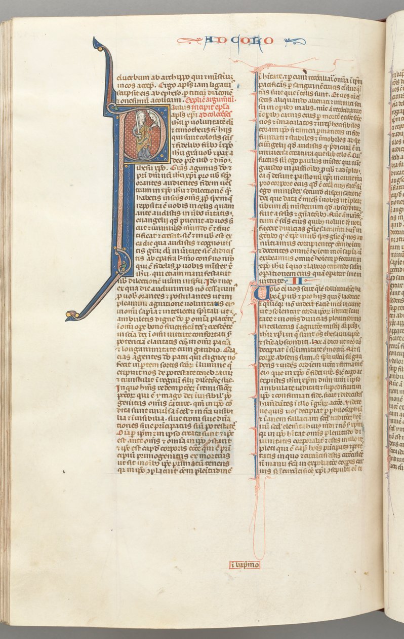 Fol. 453v, Kolosserbrevet, historisk initial P, Paulus står och pratar med Guds byst ovan, ca. 127 av Unbekannt