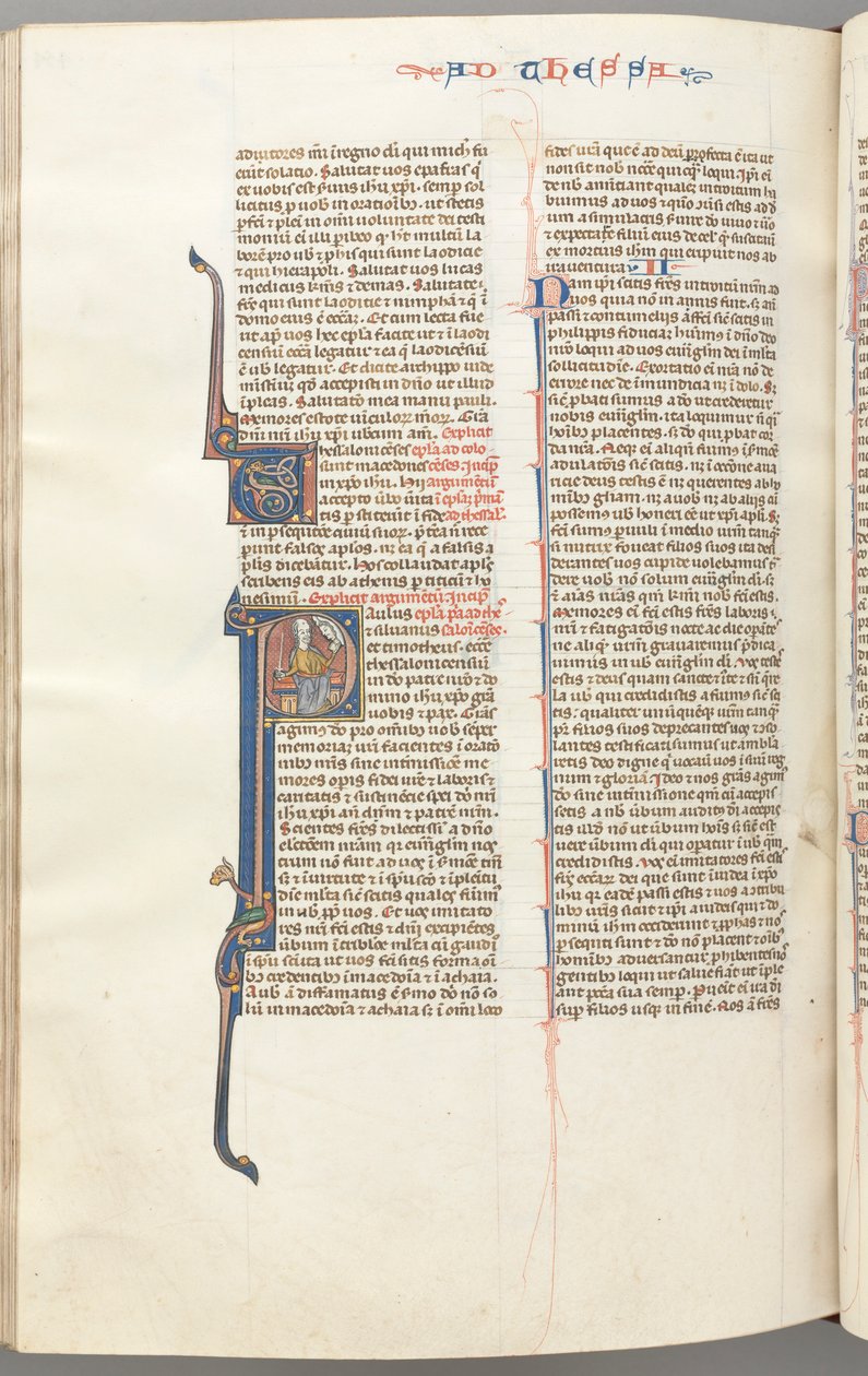 Fol. 454v,Thessalonikerbrevet I, historisk initial P, Paulus sittande med ett svärd och en bok..., ca. 1275-13 av Unbekannt