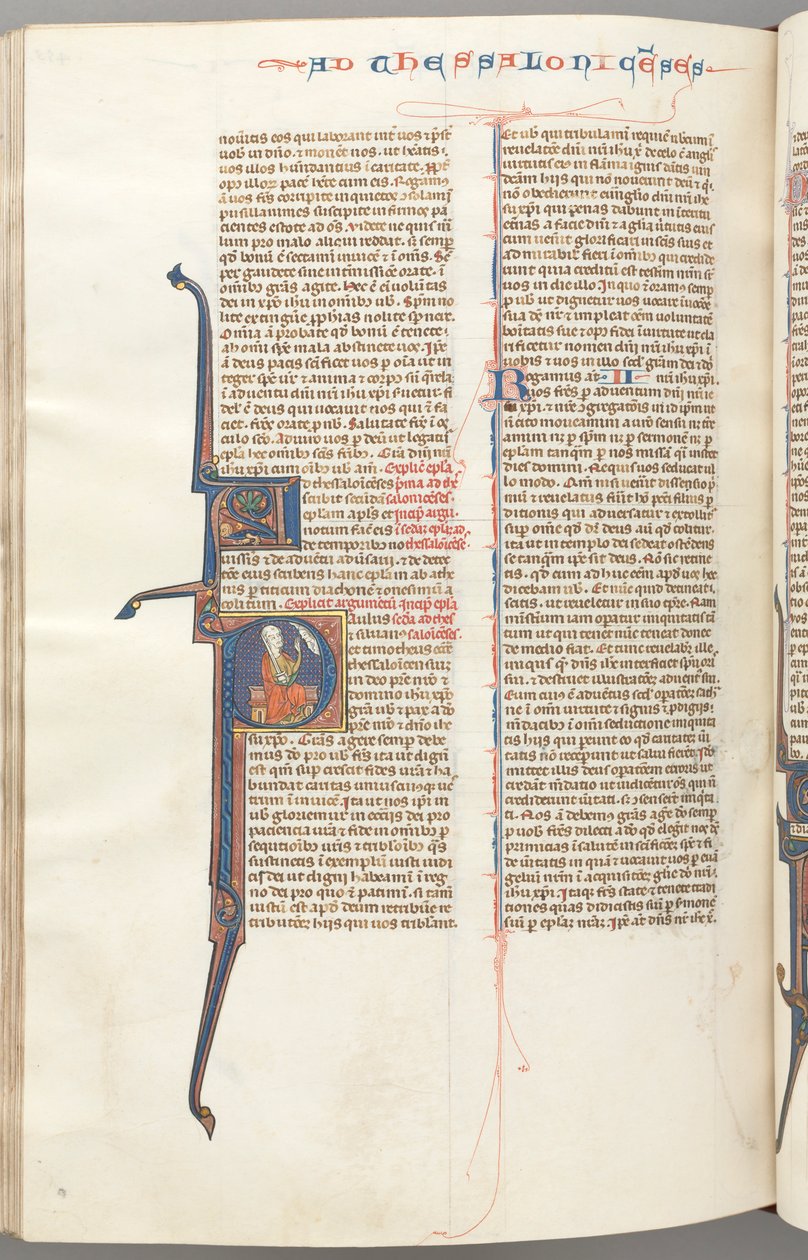 Fol. 455v, Thessalonikerbrevet II, historisk initial P, Paulus sittande med ett svärd..., ca. 1275-1300. av Unbekannt