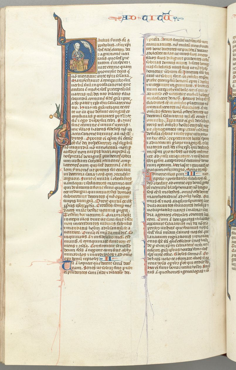 Fol. 458v, Titus, historiker initial P, Paulus sittande med ett svärd, ca. 1275-1300. av Unbekannt