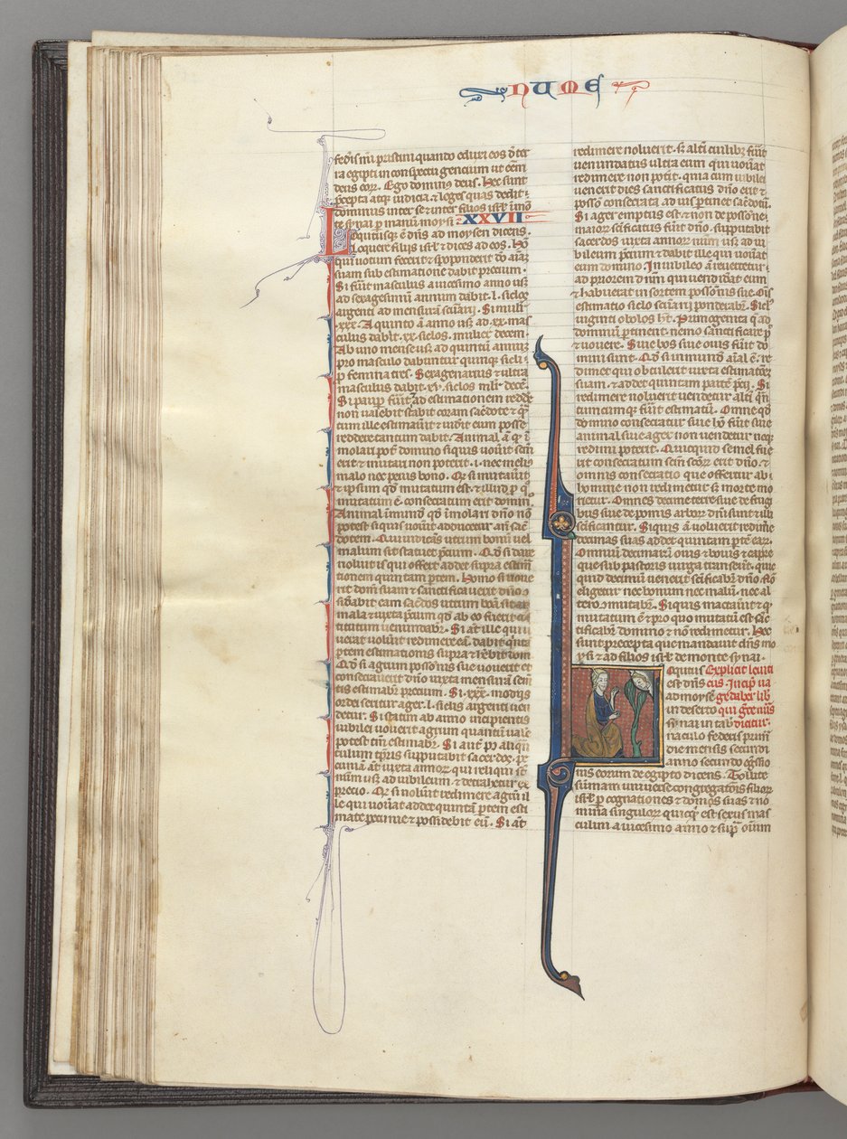 Fol. 46v, Numbers, historisk initial L, Moses med horn, knäböjer inför Gud, ca. 1275-1300. av Unbekannt