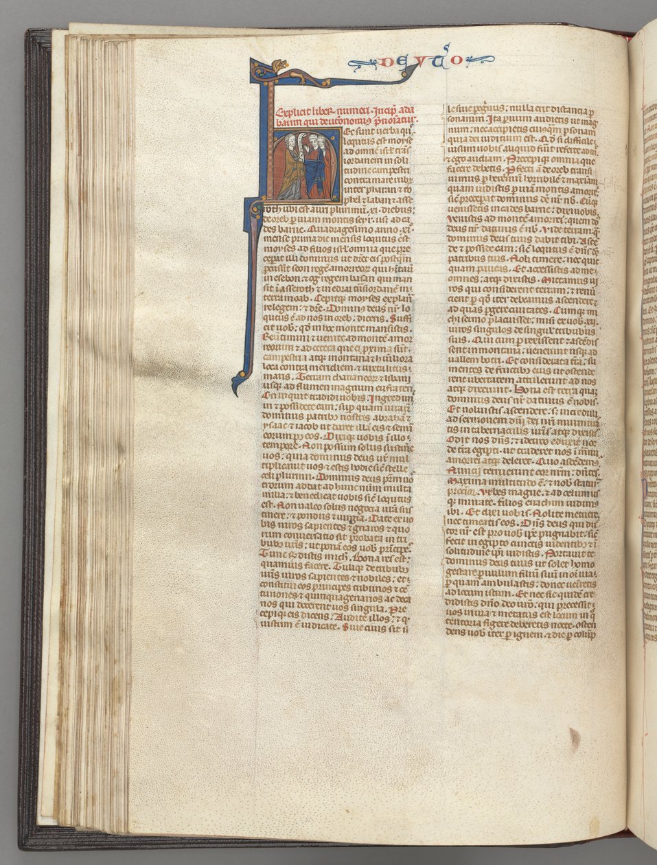 Fol. 62v, Femte Mosebok, historisk initial H, Moses med horn och skriftrullepredikan..., ca. 1275-1300 av Unbekannt
