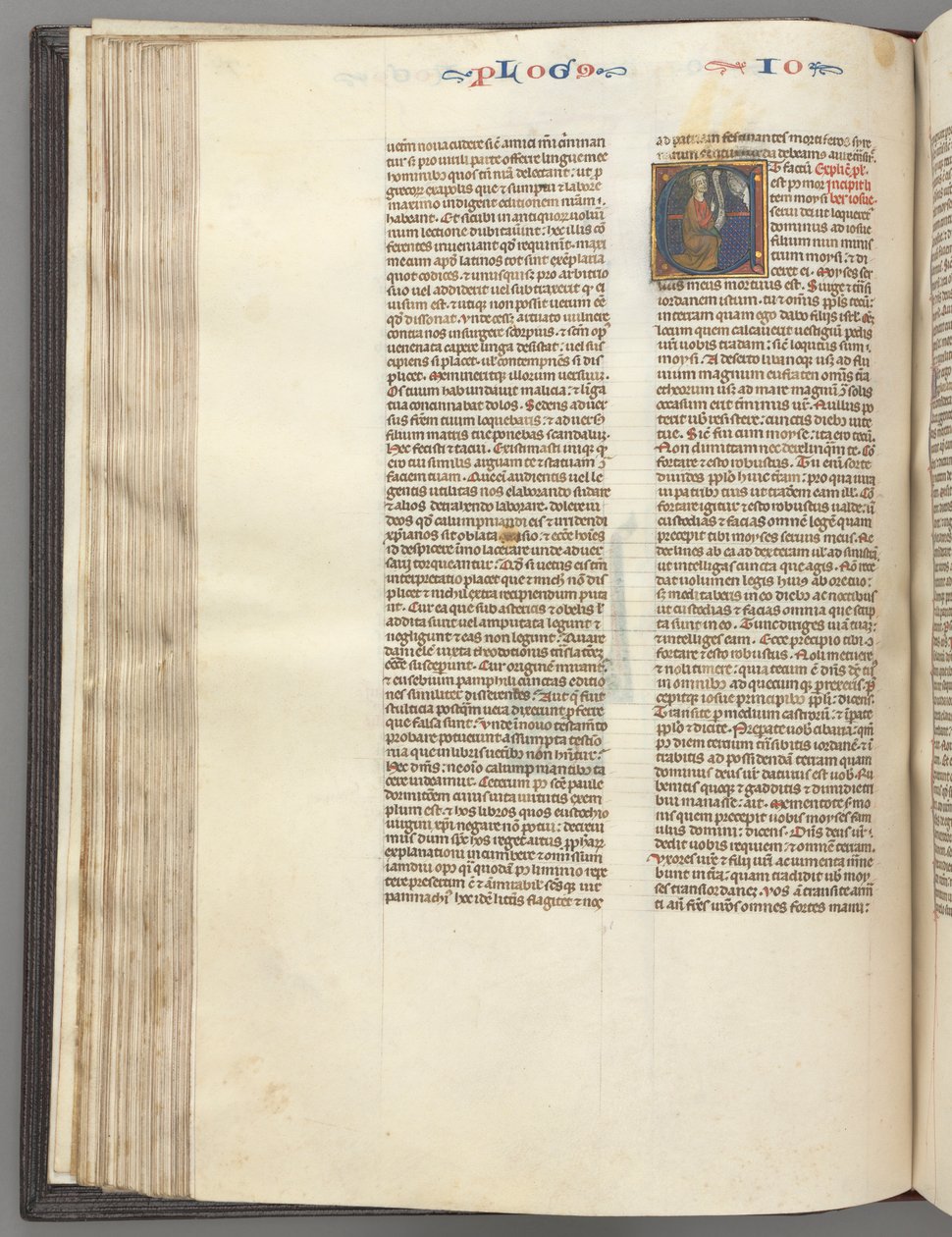 Fol. 76v, Joshua, historisk initial E, Joshua med en bokrulle på knä inför Gud, ca. 1275-1300. av Unbekannt