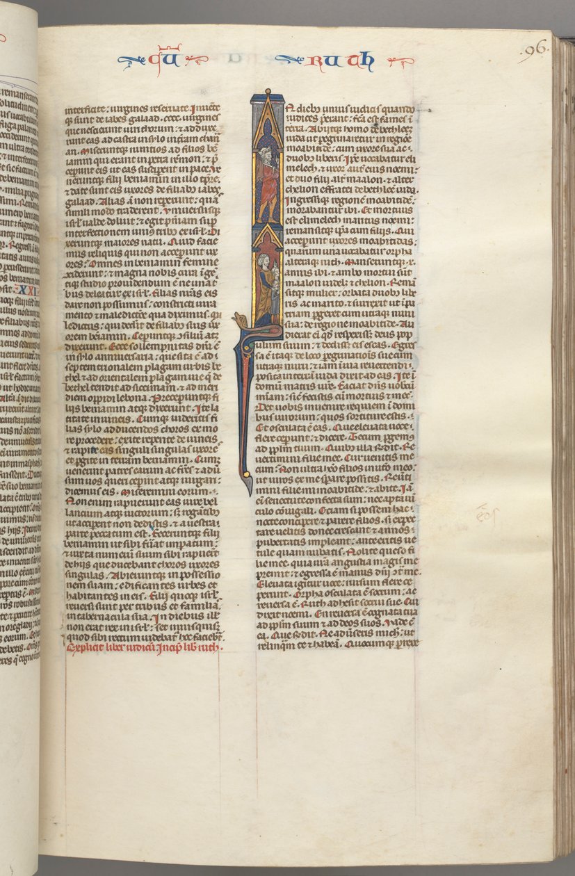 Fol. 96r, Ruth, Historiad initial I med Elimilech och Naomi., ca. 1275-1300. av Unbekannt