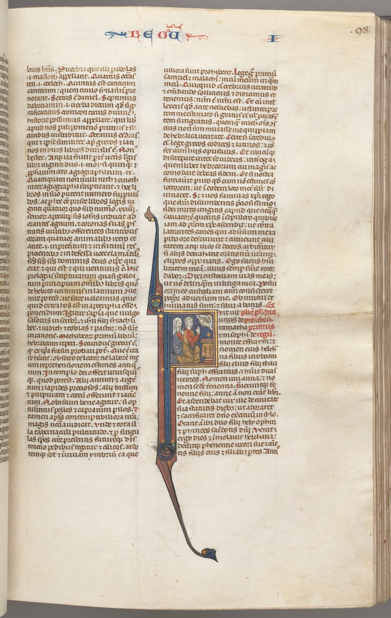 Fol. 98r, Kings I, historisk initial F, Elkana och Hanna knäböjer framför ett altare..., ca. 1275-13 av Unbekannt