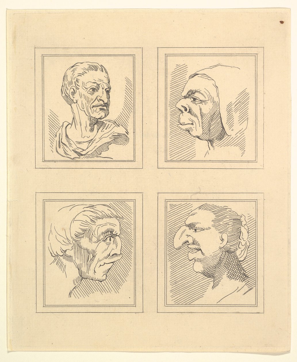 Fyra huvuden från Characaturas av Leonardo da Vinci, från teckningar av Wincelslaus Hollar, o..., 1786. av Unbekannt