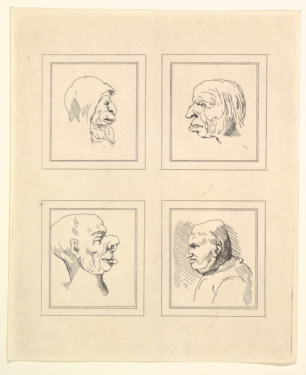 Fyra huvuden från Characaturas av Leonardo da Vinci, från teckningar av Wincelslaus Hollar, o..., 1786. av Unbekannt