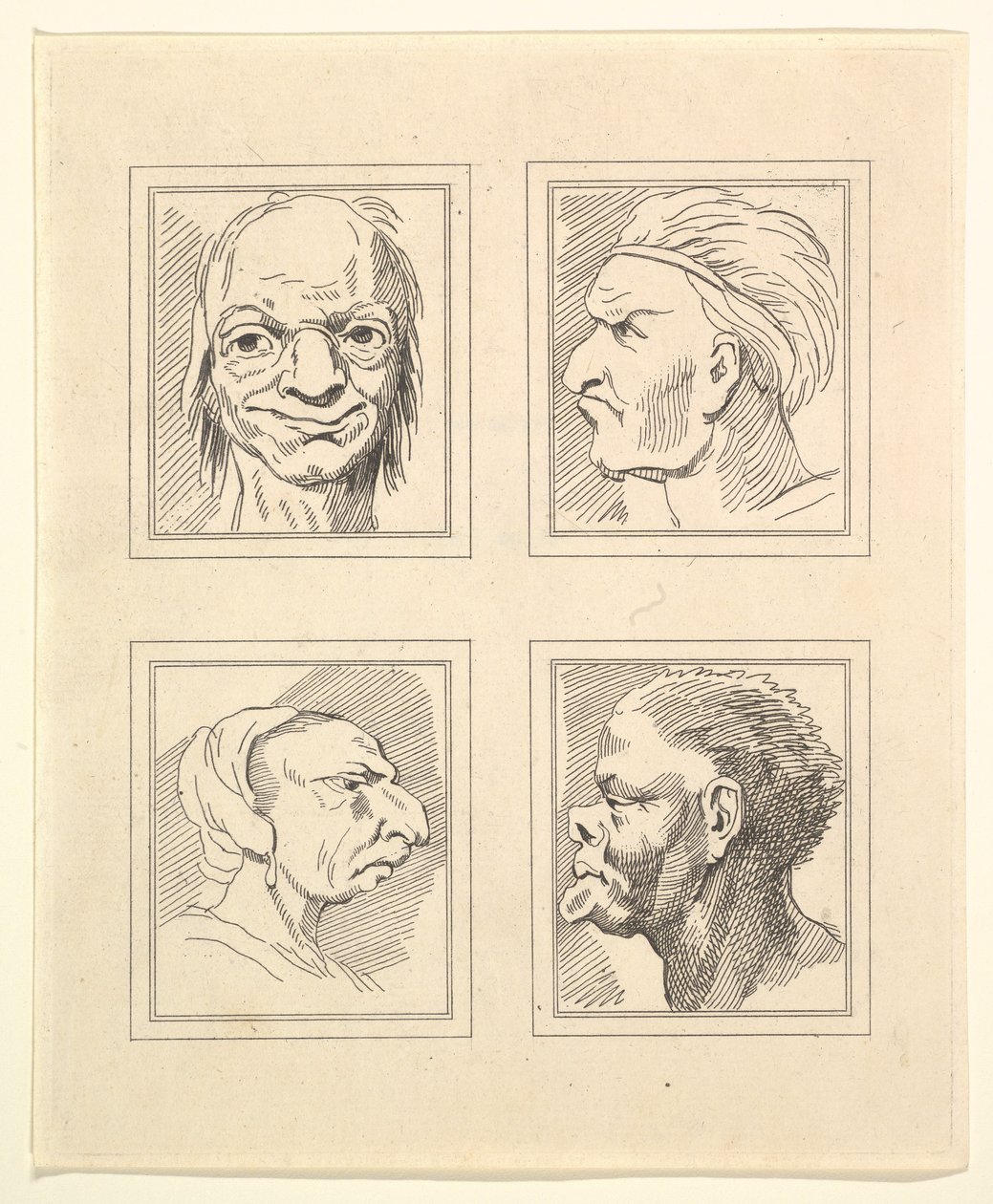 Fyra huvuden från Characaturas av Leonardo da Vinci, från teckningar av Wincelslaus Hollar, o..., 1786. av Unbekannt