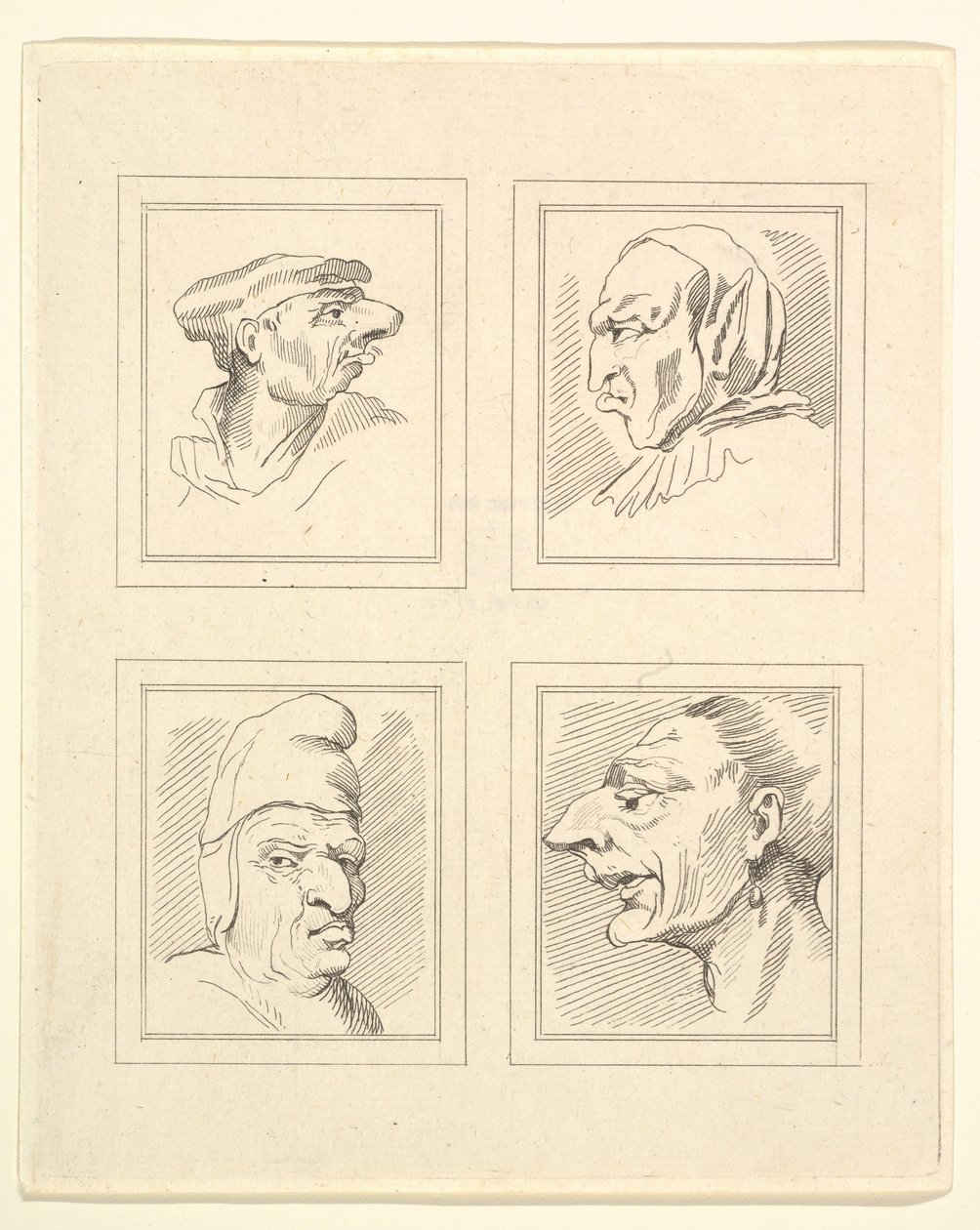 Fyra huvuden från Characaturas av Leonardo da Vinci, från teckningar av Wincelslaus Hollar, o..., 1786. av Unbekannt