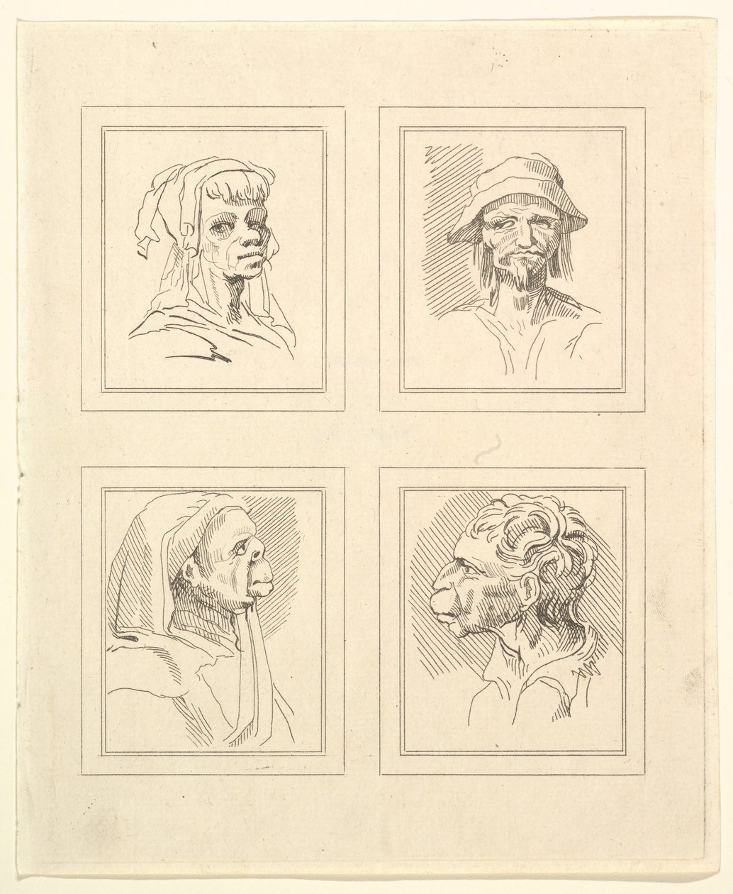 Fyra huvuden från Characaturas av Leonardo da Vinci, från teckningar av Wincelslaus Hollar, o..., 1786. av Unbekannt