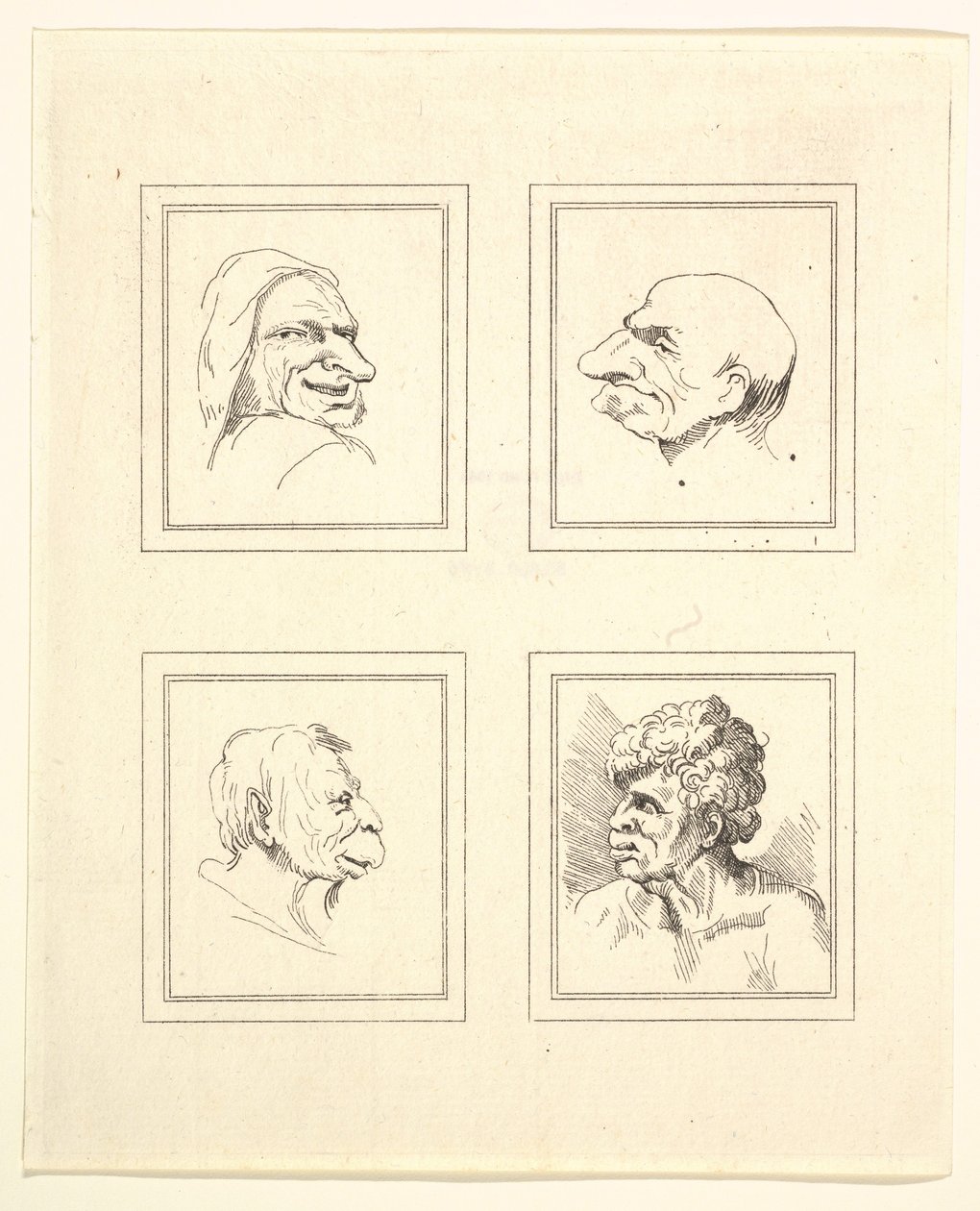 Fyra huvuden från Characaturas av Leonardo da Vinci, från teckningar av Wincelslaus Hollar, o..., 1786. av Unbekannt