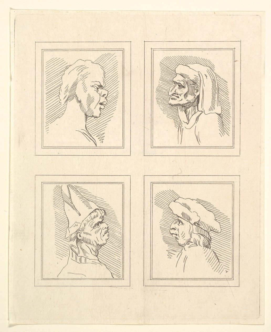 Fyra huvuden från Characaturas av Leonardo da Vinci, från teckningar av Wincelslaus Hollar, o..., 1786. av Unbekannt