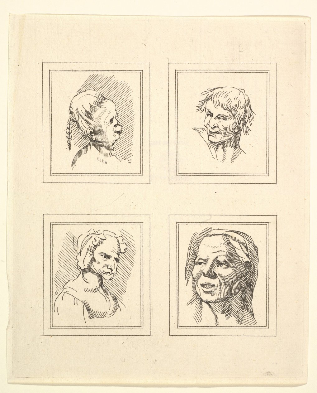 Fyra huvuden från Characaturas av Leonardo da Vinci, från teckningar av Wincelslaus Hollar, o..., 1786. av Unbekannt
