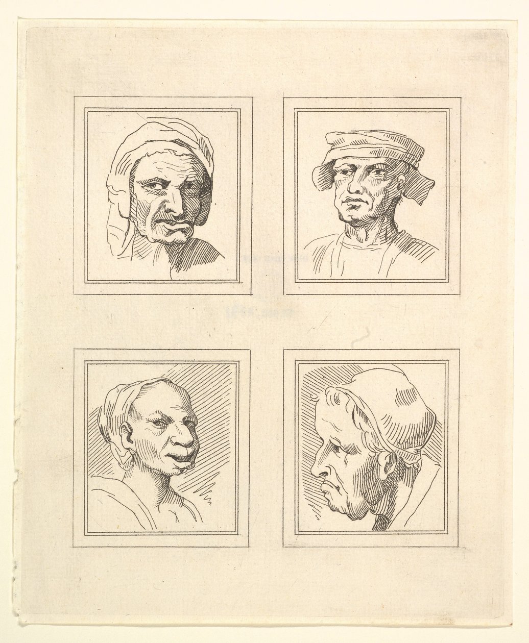 Fyra huvuden från Characaturas av Leonardo da Vinci, från teckningar av Wincelslaus Hollar, o..., 1786. av Unbekannt