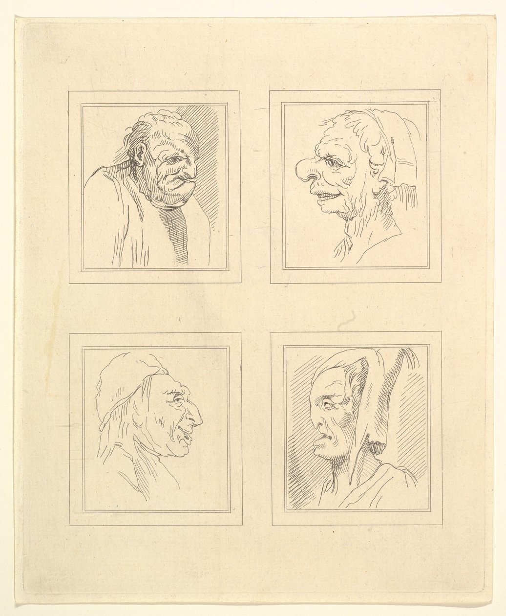 Fyra huvuden från Characaturas av Leonardo da Vinci, från teckningar av Wincelslaus Hollar, o..., 1786. av Unbekannt