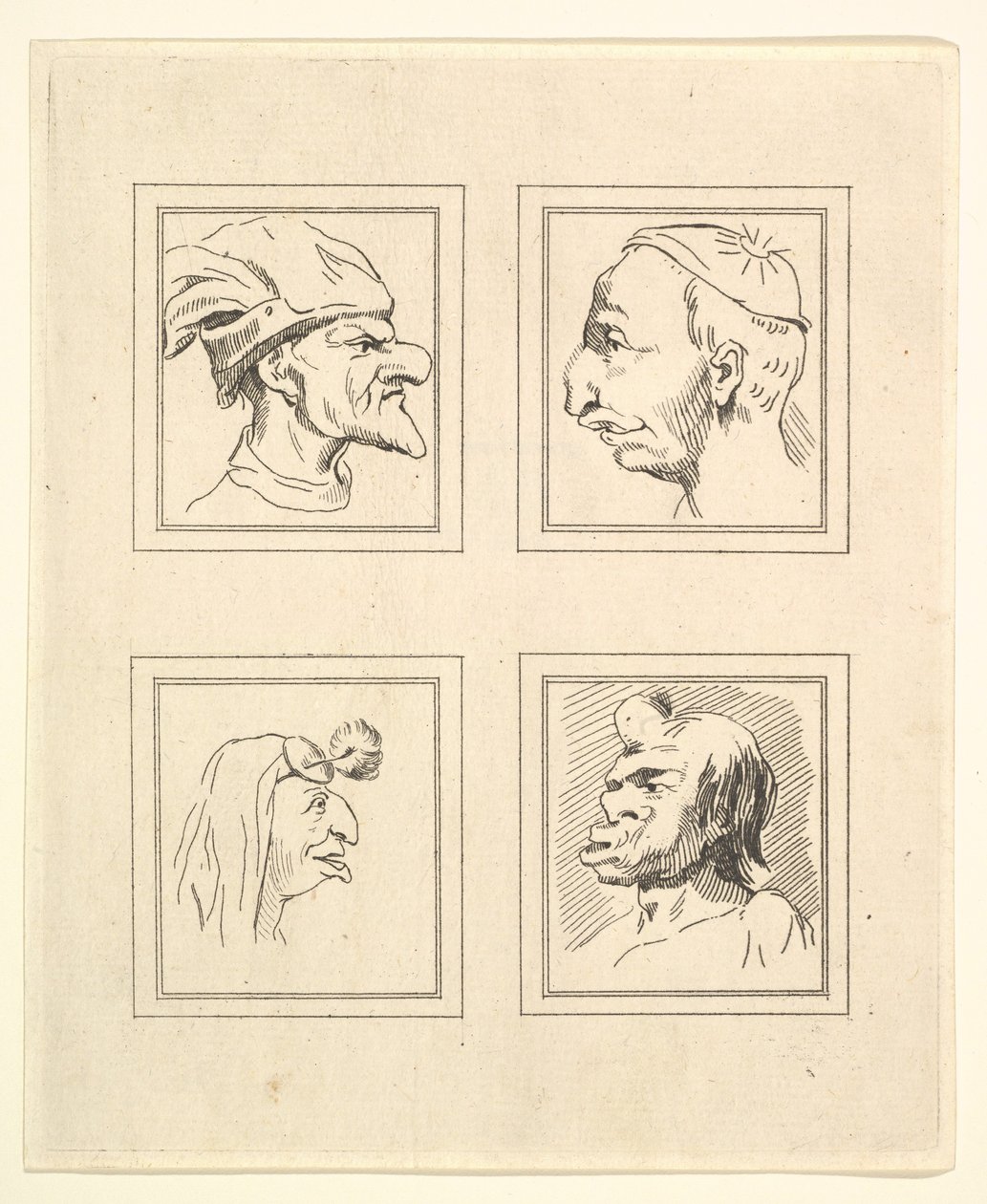 Fyra huvuden från Characaturas av Leonardo da Vinci, från teckningar av Wincelslaus Hollar, o..., 1786. av Unbekannt