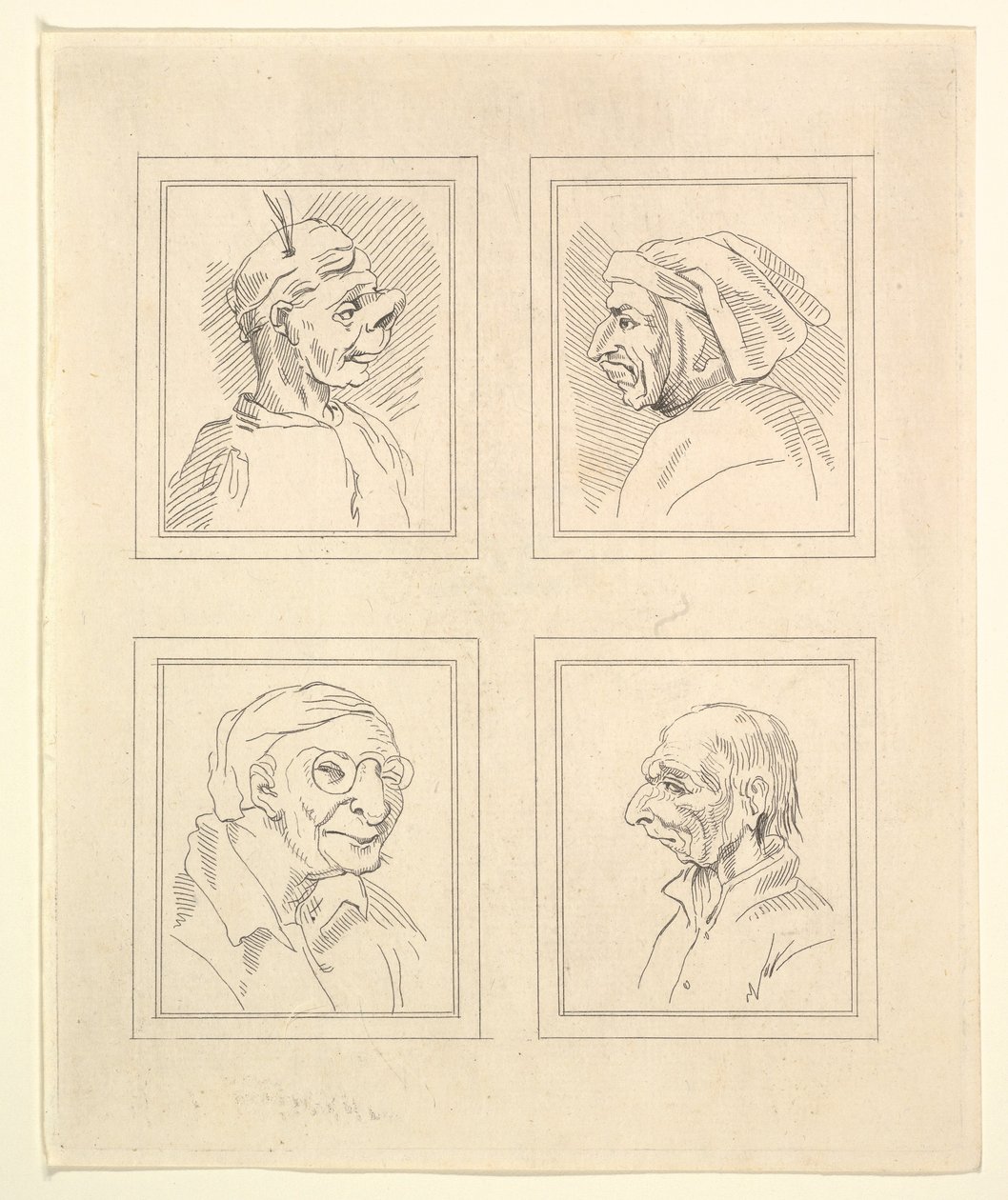 Fyra huvuden från Characaturas av Leonardo da Vinci, från teckningar av Wincelslaus Hollar, o..., 1786. av Unbekannt